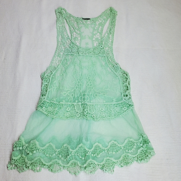 Tops - Seafoam Green Sheer Lace Tank Top